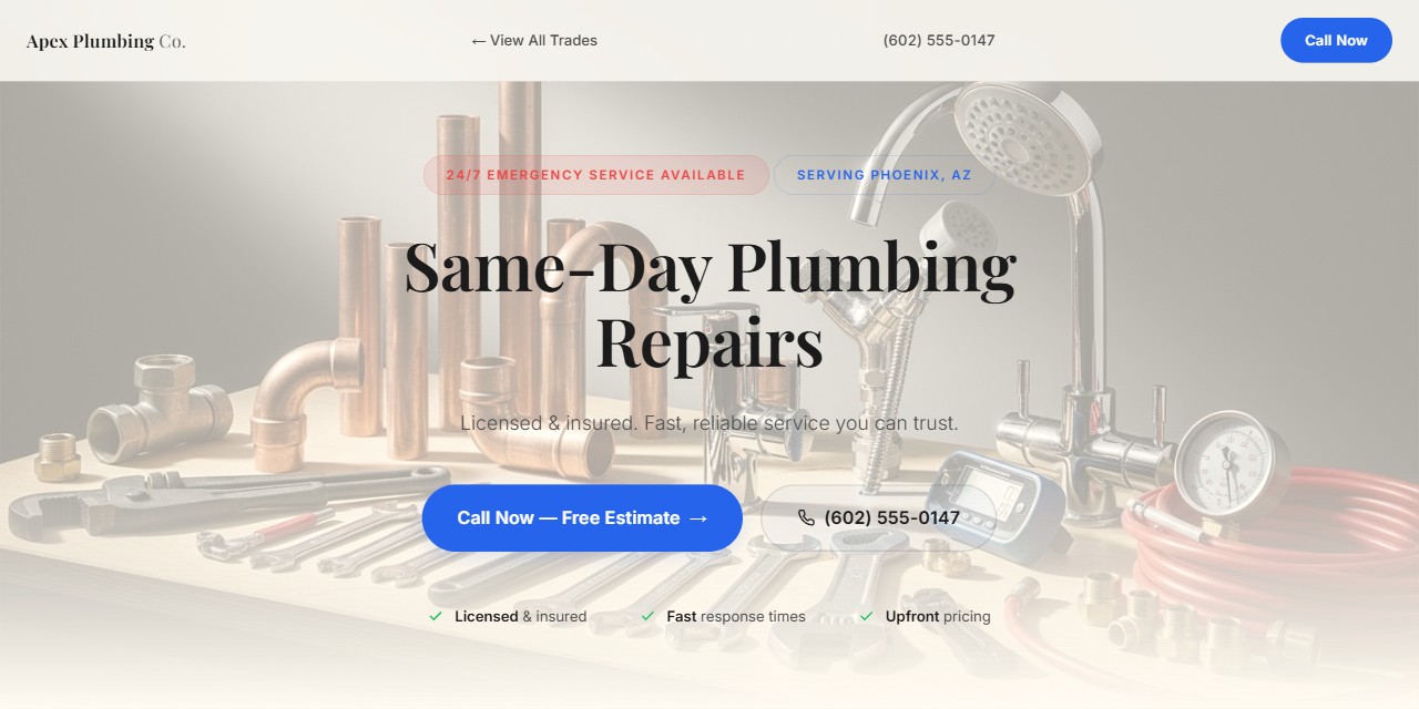 Sample plumbing website built by the Nexus site generator: a full-width photo header with the headline, a call button, and the phone number at the top.