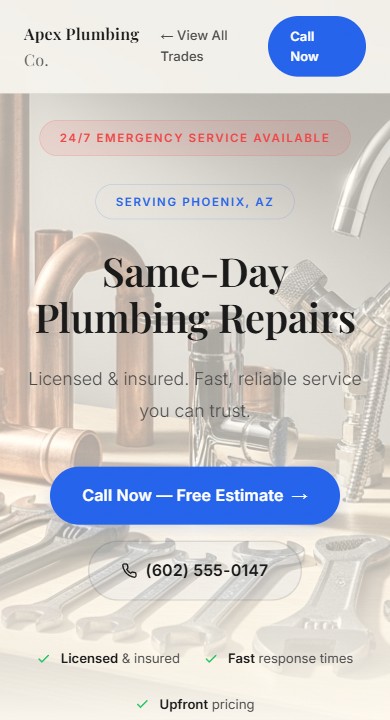 Sample plumbing website from the Nexus site generator on a phone: headline, call button, and phone number in the first screen.