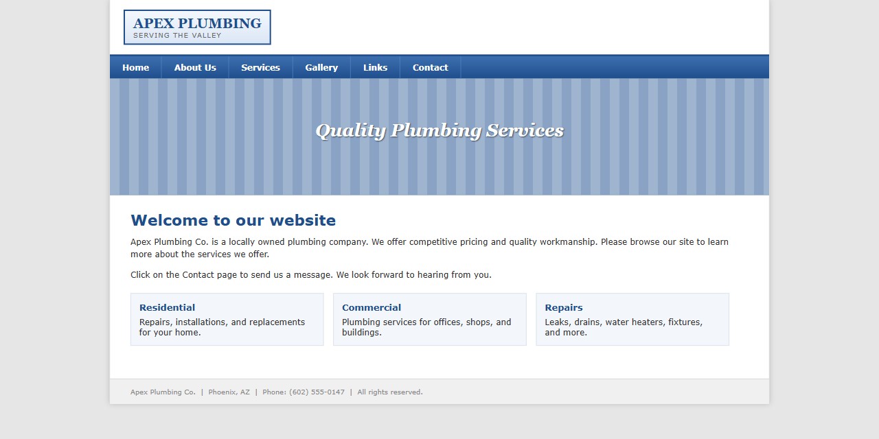Illustration of a typical older small-business plumbing website: a fixed-width page with a small logo, a stock banner, a welcome message, and the phone number only in the footer.